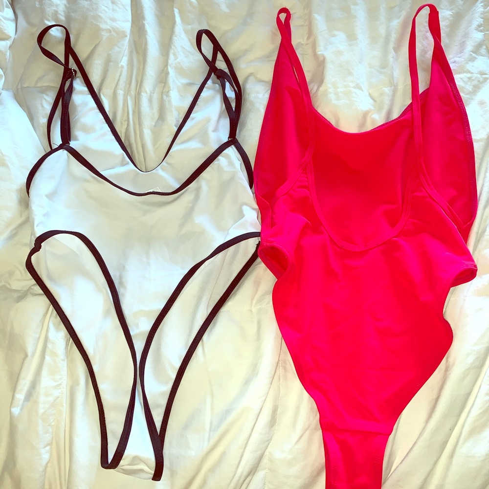2 swimsuits!! Bright red cheeky, white thong